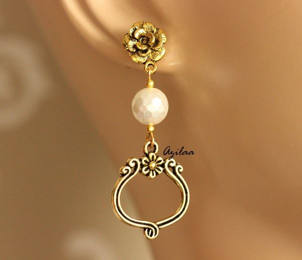 Pearl Antique Gold tone handmade earrings