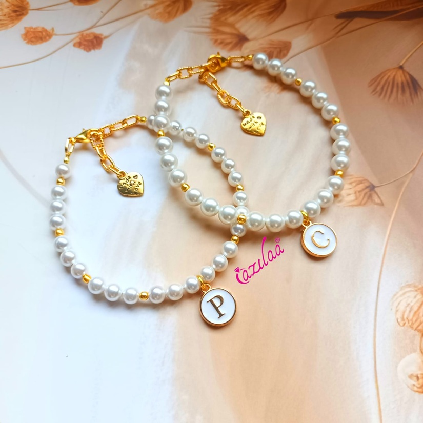 Pearl Mother daughter initial charm bracelets