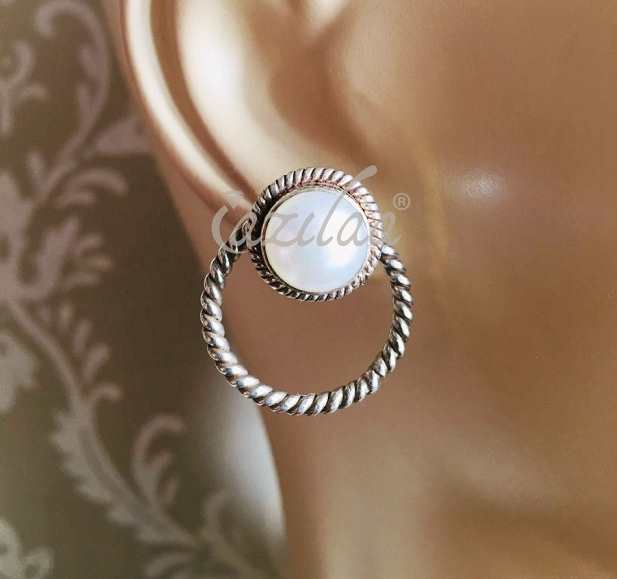 Oxidized Pearl circle earrings gemstone sterling silver handmade 