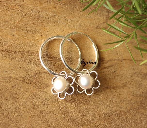 Pearl flower Sterling silver gemstone hoop earrings