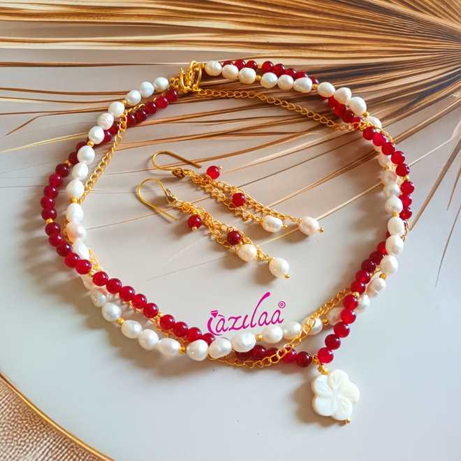 Pearl gemstone flower golden maroon beaded necklace 