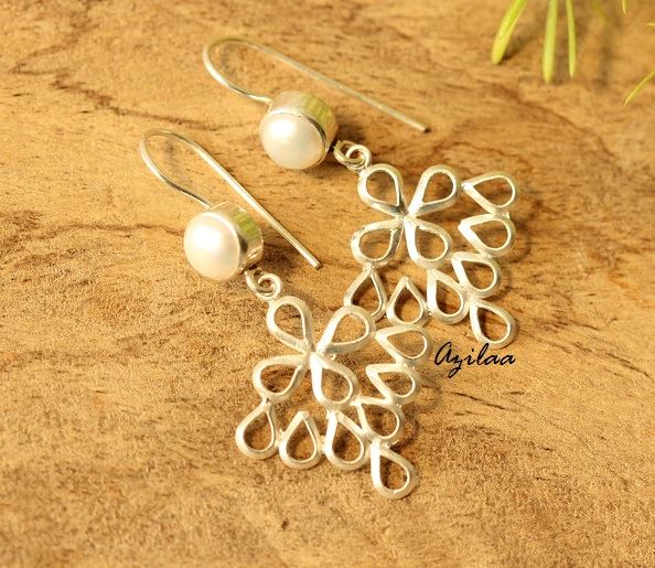 Pearl gemstone sterling silver handmade earrings