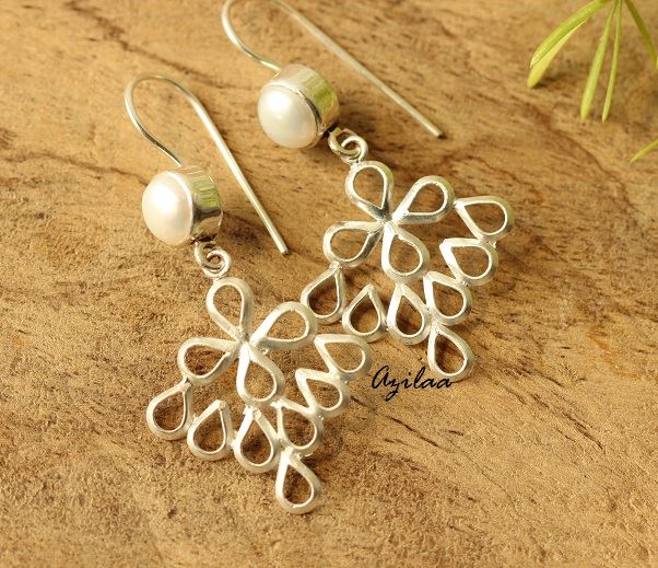 Pearl gemstone sterling silver handmade earrings