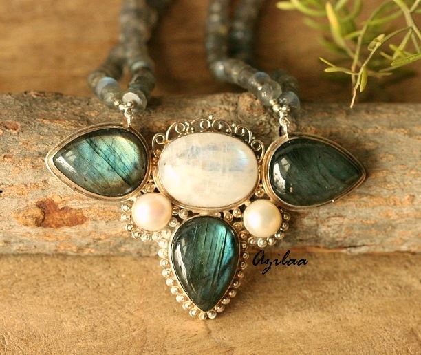 Pearl moonstone Labradorite gemstone sterling silver Necklace set
