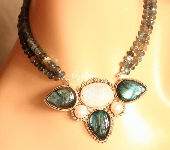 Pearl moonstone Labradorite gemstone sterling silver Necklace set