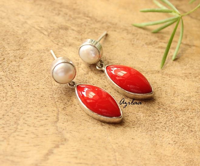 Pearl red gemstone post sterling silver earrings
