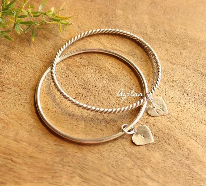 2 Personalized initial sterling silver handmade bangle bracelets