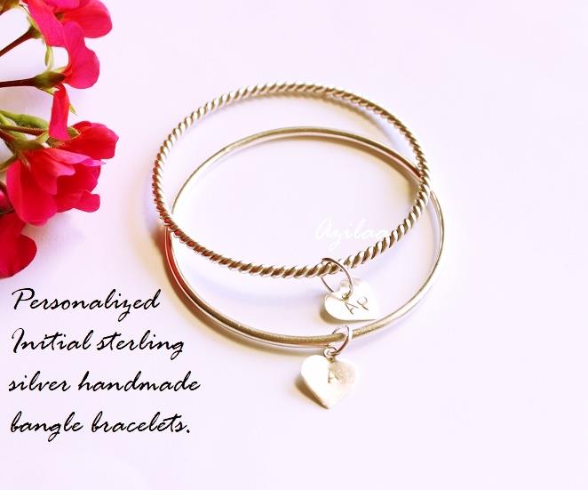 2 Personalized initial sterling silver handmade bangle bracelets