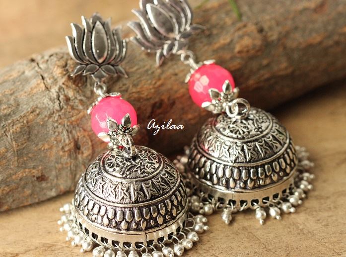 Pink Antique Ethnic Lotus stud jhumki earrings