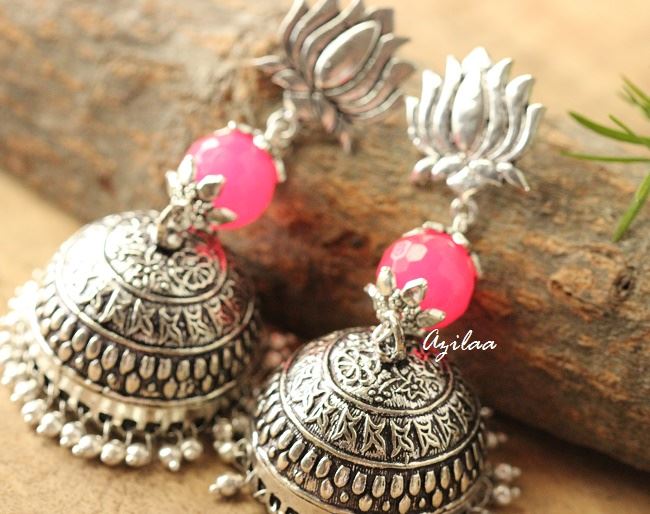 Pink Antique Ethnic Lotus stud jhumki earrings