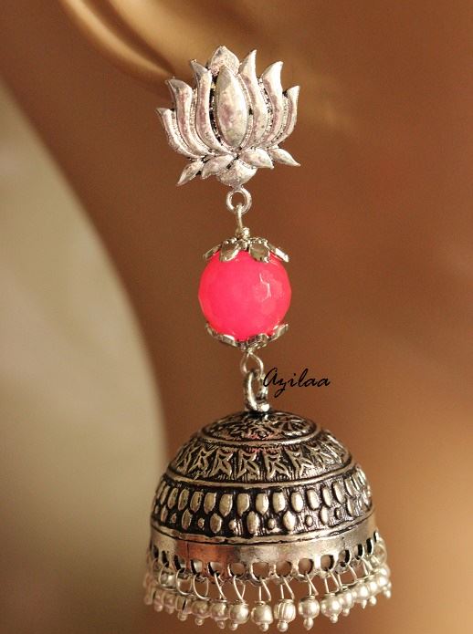 Pink Antique Ethnic Lotus stud jhumki earrings
