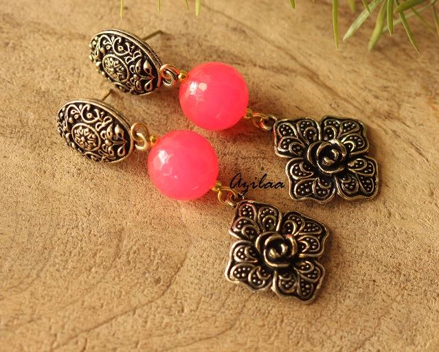 Pink Antique Gold tone handmade earrings
