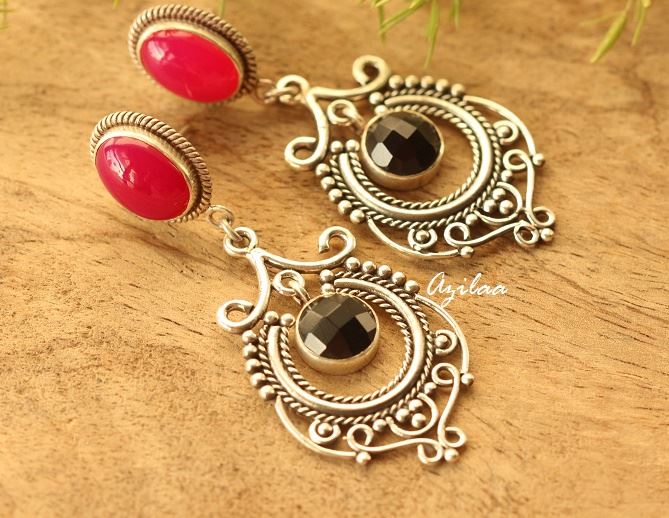 Pink Black gemstone Sterling Silver Chandelier Earrings