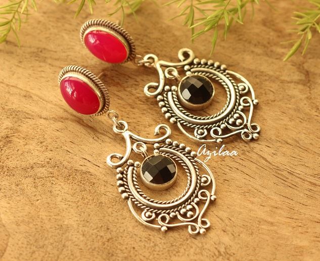 Pink Black gemstone Sterling Silver Chandelier Earrings