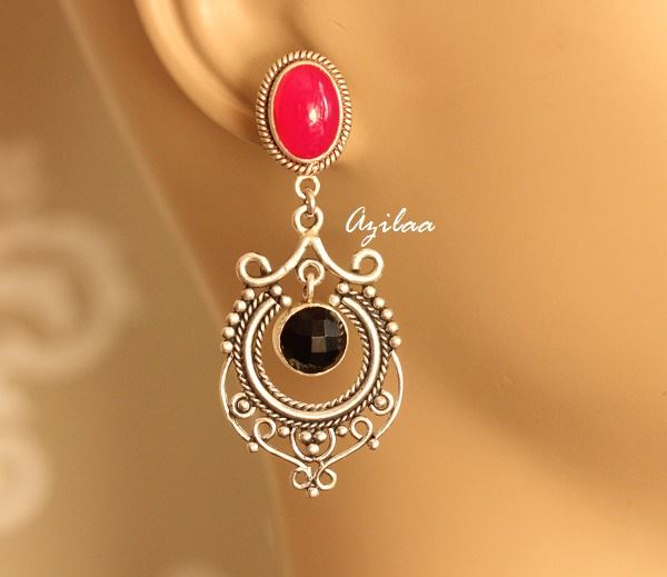 Pink Black gemstone Sterling Silver Chandelier Earrings