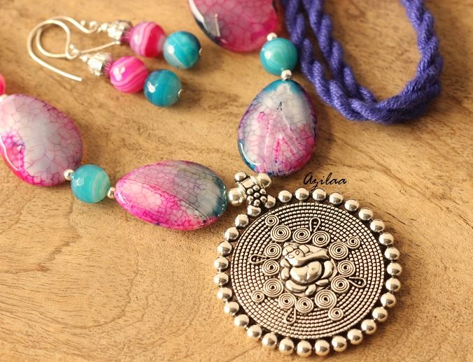Pink Blue Ganesha gemstone artisan handmade necklace set