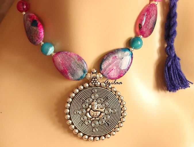Pink Blue Ganesha gemstone artisan handmade necklace set