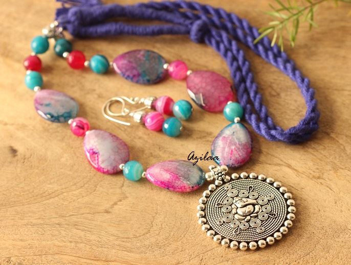 Pink Blue Ganesha gemstone artisan handmade necklace set