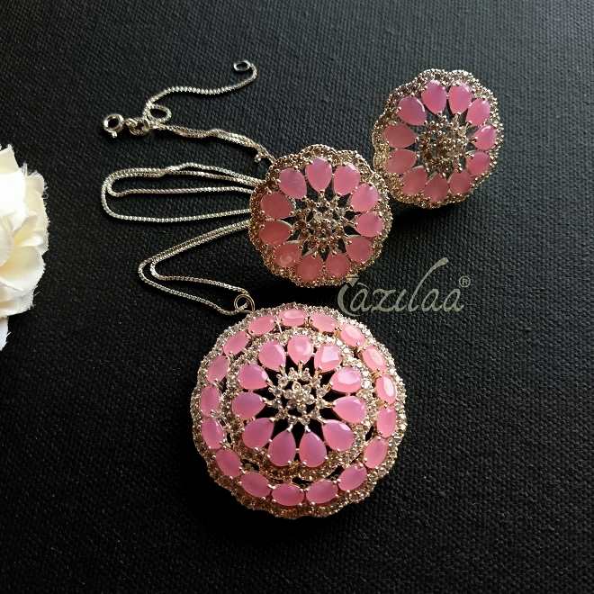 Pink CZ studded flower pendant silver necklace earrings set