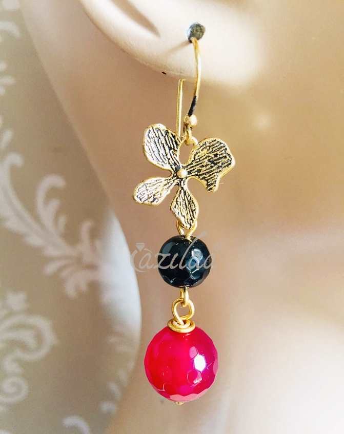 Pink Chalcedony antique gemstone charm flower handmade earrings