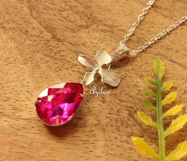 Pink Crystal CZ flower pendant silver necklace