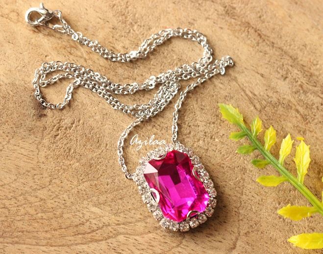 Pink Crystal CZ pendant silver necklace