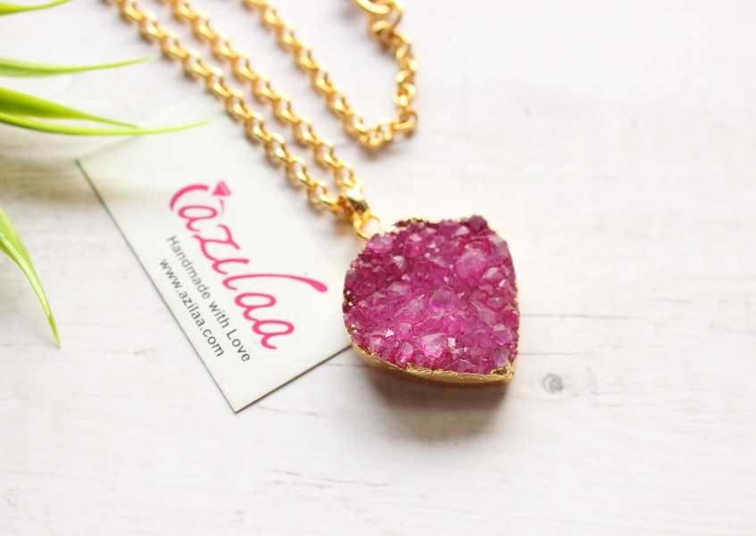 Pink Druzy gemstone gold plated pendant chain