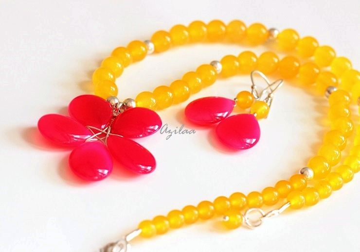 Pink Flower Chalcedony gemstone beaded handmade necklace earring silver Set