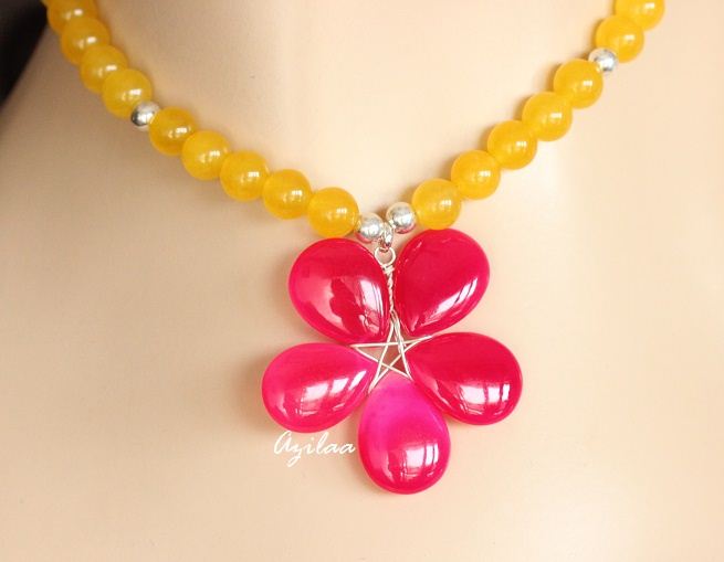Pink Flower Chalcedony gemstone beaded handmade necklace earring silver Set