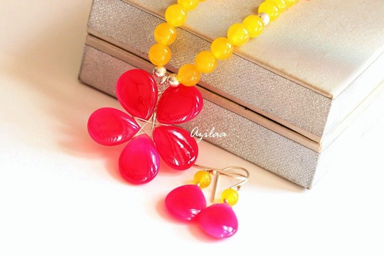 Pink Flower Chalcedony gemstone beaded handmade necklace earring silver Set