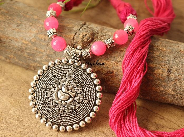 Pink Ganesha gemstone artisan handmade necklace set