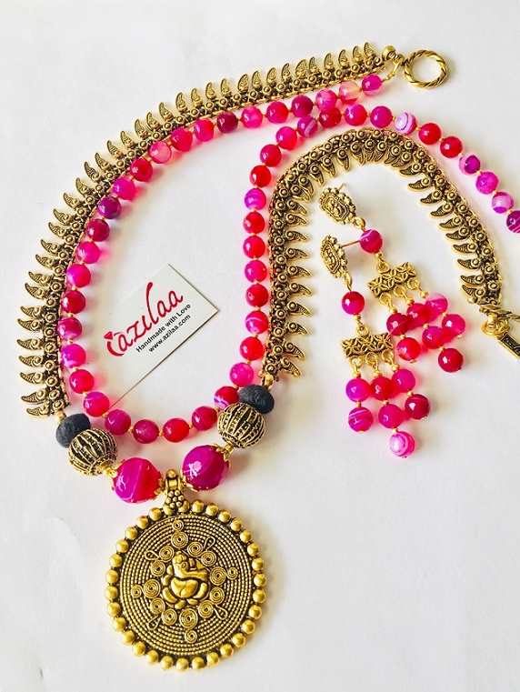 Pink Ganesha beaded ethnic chain antique gold necklace set