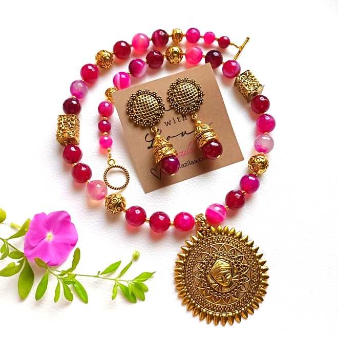 Pink agate Antique Golden Ma Durga Necklace Set