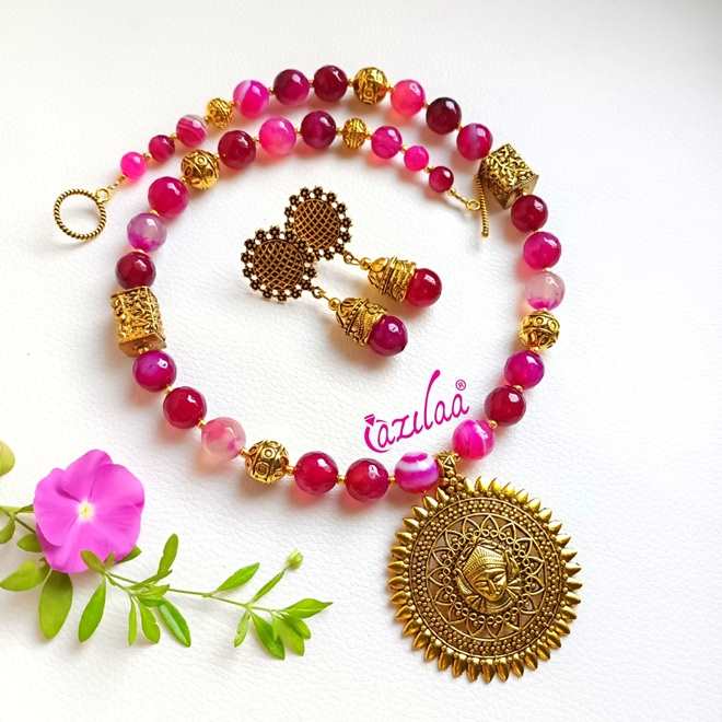 Pink agate Antique Golden Ma Durga Necklace Set
