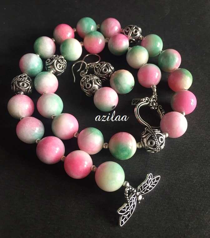 Pink Green gemstone beaded handmade necklace set