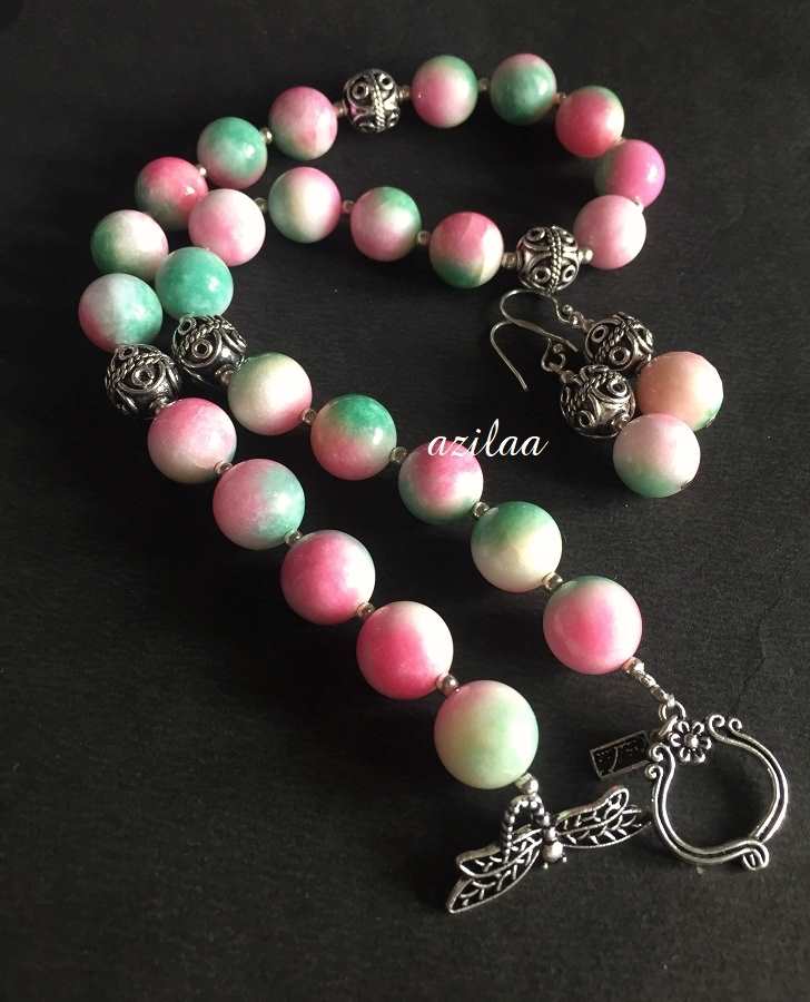 Pink Green gemstone beaded handmade necklace set