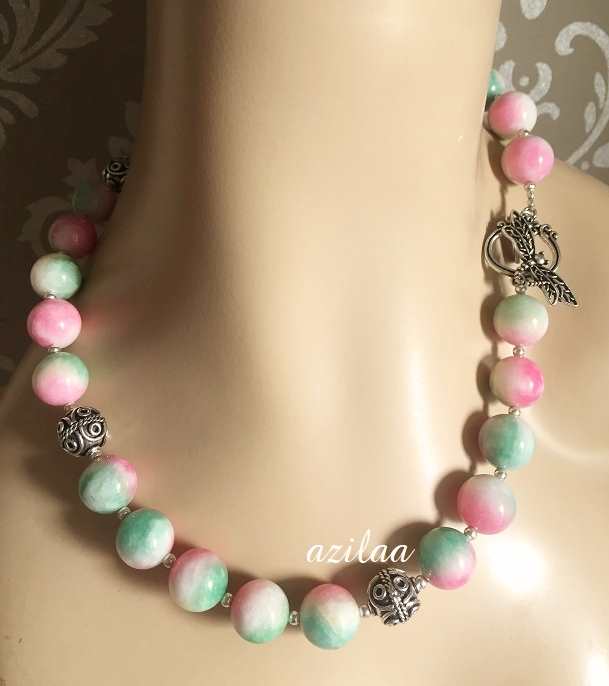 Pink Green gemstone beaded handmade necklace set