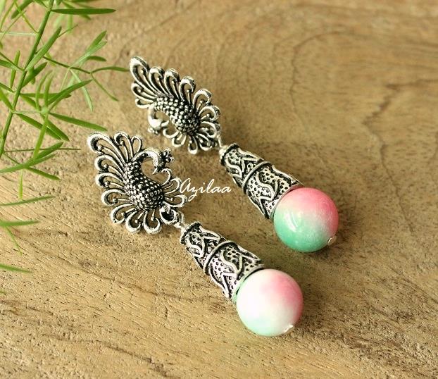 Pink Green gemstone beaded drop earrings