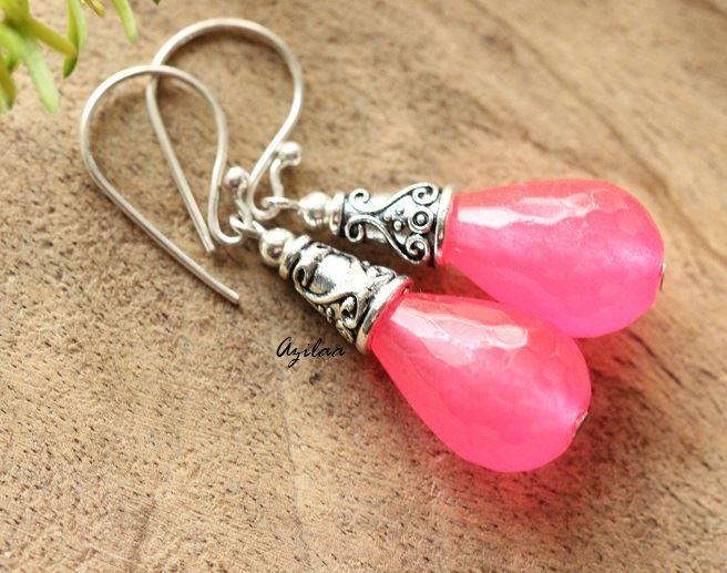 Pink Handmade bead gemstone silver Earrings