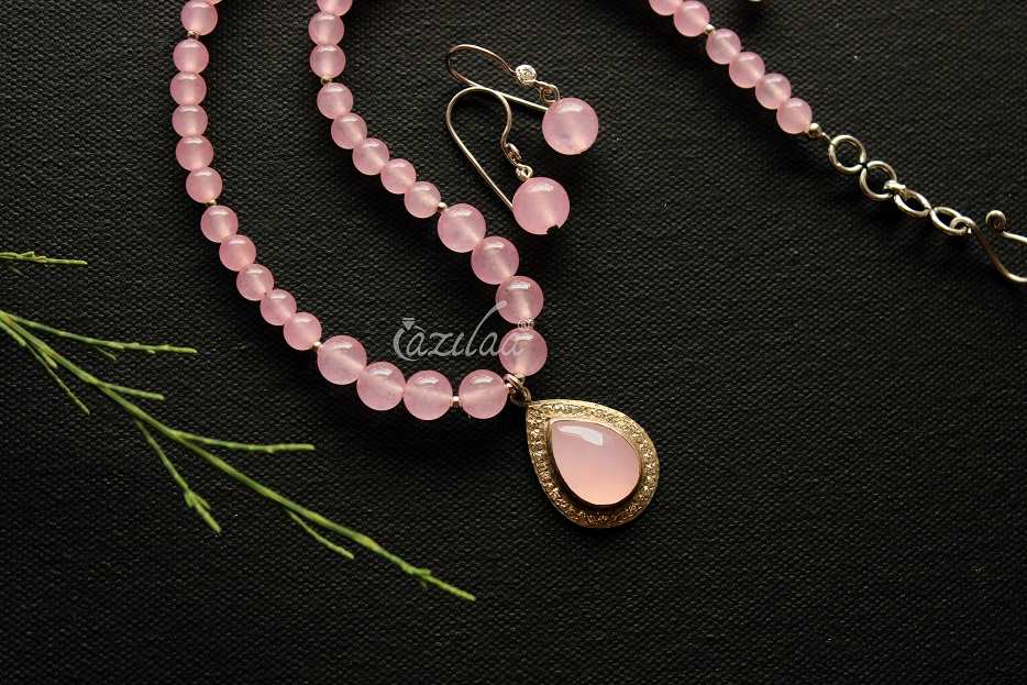 Pink Rose quartz  sterling silver gemstone handmade necklace set