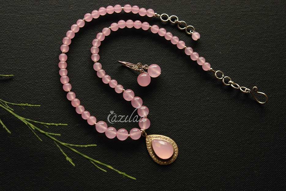 Pink Rose quartz  sterling silver gemstone handmade necklace set