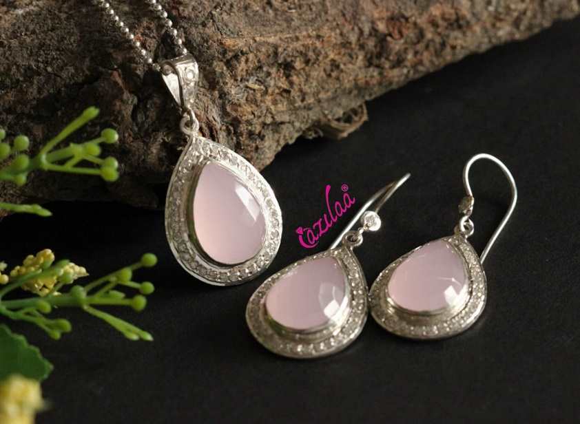Pink Rose quartz sterling silver gemstone handmade necklace set