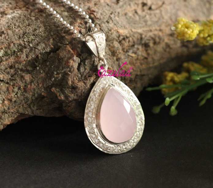 Pink Rose quartz sterling silver gemstone handmade necklace set