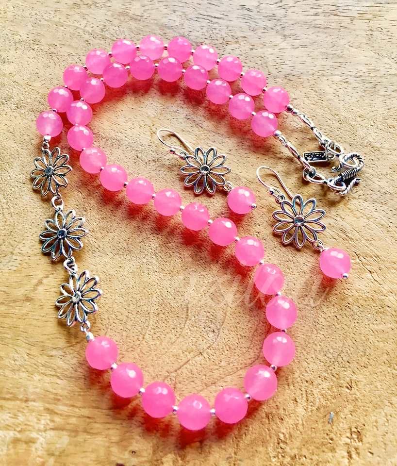 Pink Summer flower gemstone handmade necklace set