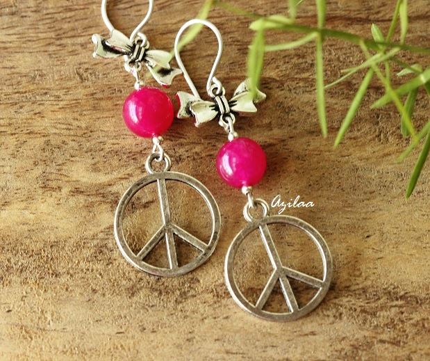 Pink Trendy charm bow silver dangler gemstone earrings