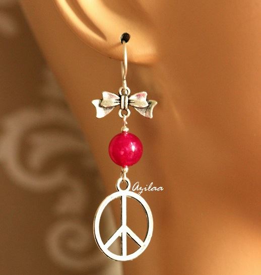 Pink Trendy charm bow silver dangler gemstone earrings