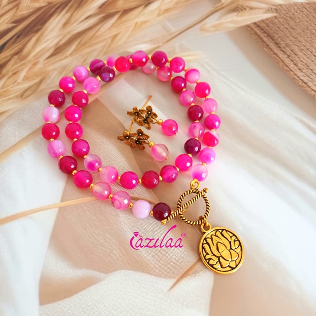 Dainty Pink agate gemstone lotus pendant necklace set