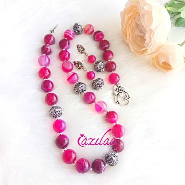 Pink agate gemstone beaded handmade necklace set