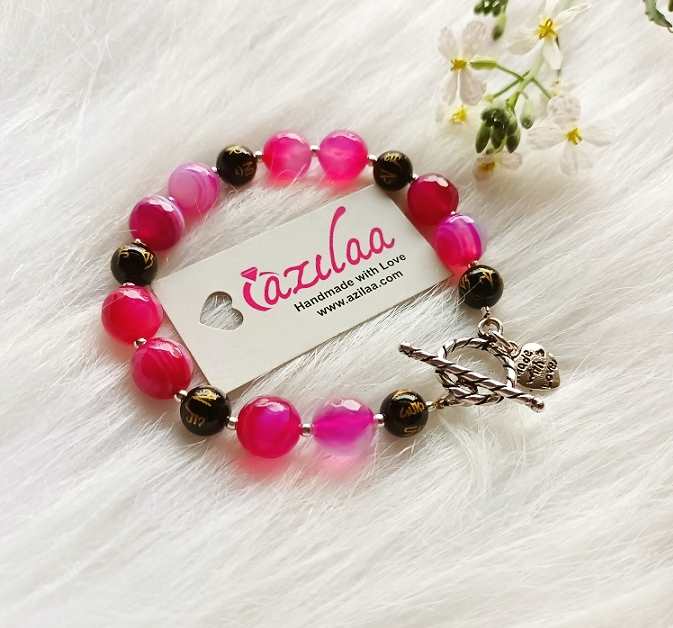 Pink agate onyx mantra gemstone handmade bracelet 1