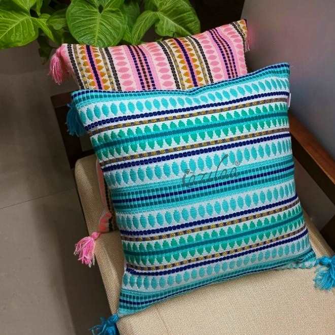 Pink and blue handloom handmade 2 cushion covers